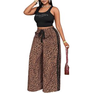 Pantalon large imprimé léopard respirant pour femme FOXA, grande taille, avec bande latérale et lien à nouer devant, coupe ample, polyester/coton - Product Image 1