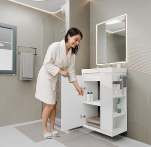 Lavabo autoportant ou mural <span class=keywords><strong>avec</strong></span> une armoire de rangement et un <span class=keywords><strong>porte</strong></span>-<span class=keywords><strong>papier</strong></span> hygiénique, adapté aux salles de bain. - Product Image 2