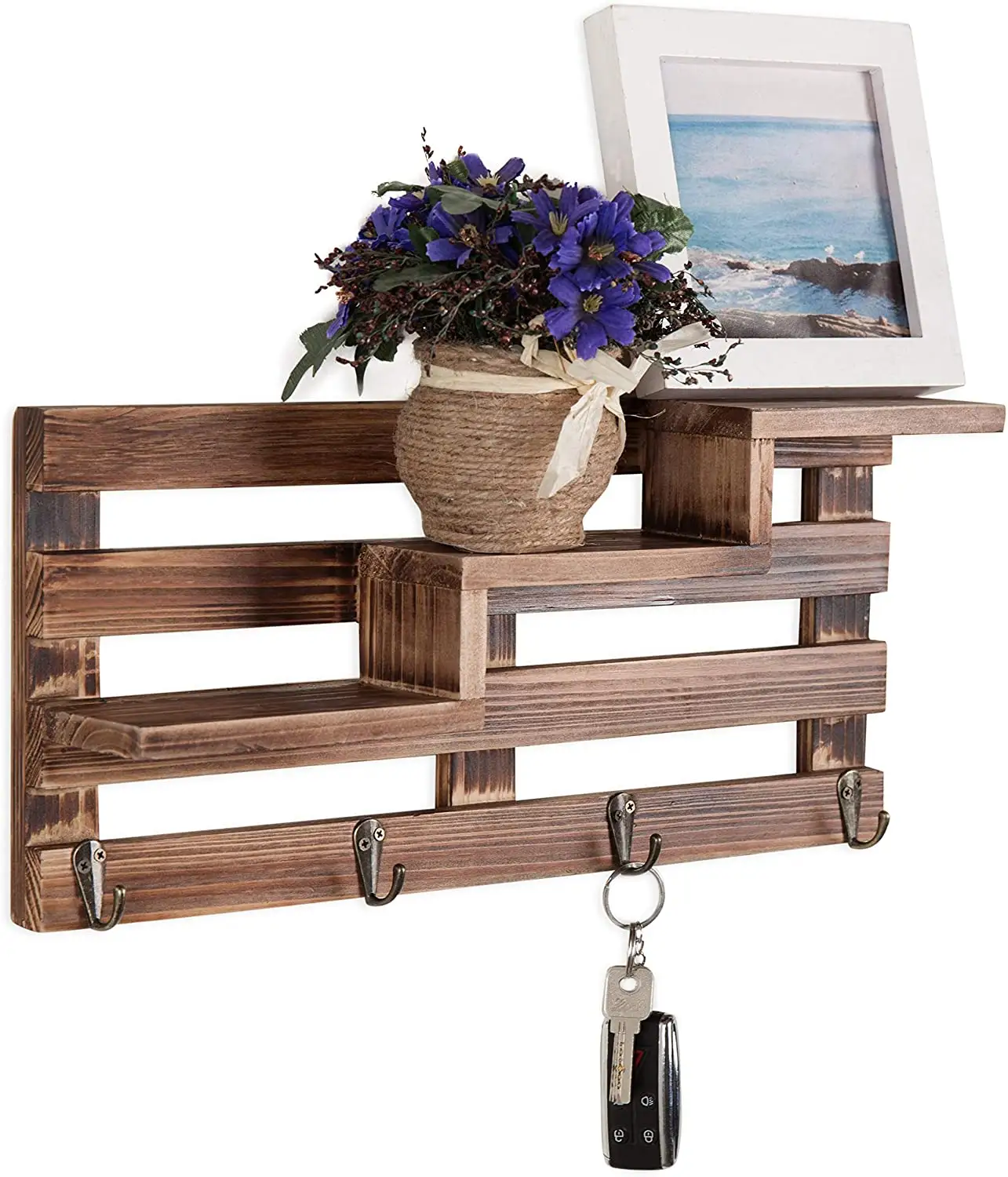 Rustic Wall Mounted Wooden Key Holder Rack Mail Sorter Organizer with 4 Double Key Hooks for Entryway