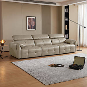 Ensemble de canapé-lit moderne en tissu et cuir beige, carré, extensible, trois places, cadre en bois, appartement, salon - Product Image 1