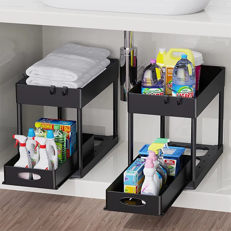 2 Tier Onder Sliding Kast Mand Organizer Lade Zwart Onder Gootsteen Organizer Voor Badkamer Keuken