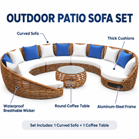 Modernes Outdoor-Sofa-Set, Gebogenes Rattan-Sofa mit Rundem Glas-Couchtisch