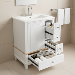 Mueble de Baño Moderno de 24 Pulgadas con Base de Madera MDF, Lavabo de Cerámica Independiente Blanco y Cajones de Almacenamiento - Product Image 2