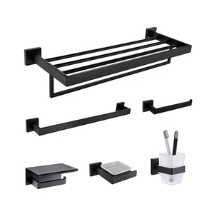 Ensemble d'accessoires de salle de bain en acier inoxydable SUS304 noir mat carré, 6 pièces, à fixation murale : porte-serviettes, porte-papier toilette, anneau porte-serviettes, crochet - Product Image 1