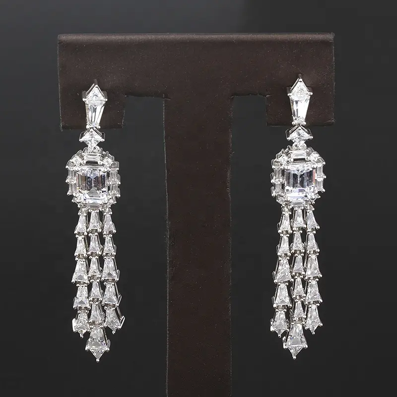 custom fashion stud women luxury 18k gold model baguette diamond 925 silver jewelry earrings long tassel drop earrings zircon