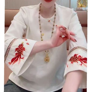 Traditional Chinese Red Embroidery Top Koi Pattern Loose Fit New Year Wear Cotton Linen Blend - Product Image 2