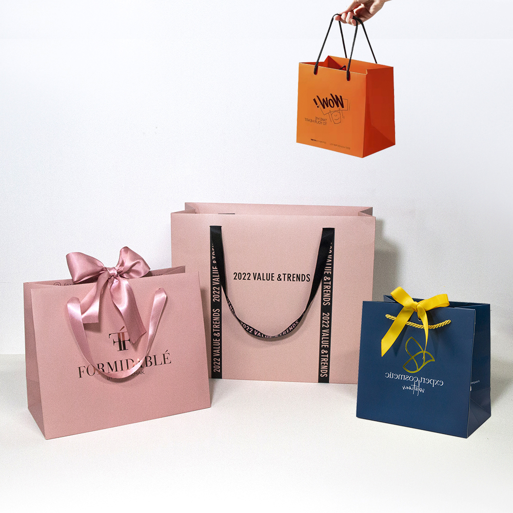 Customized Printed Coated Paper Ribbon Handle Gift Tea Packaging Shopping Jewelry Paper Bags With Your Own Logo