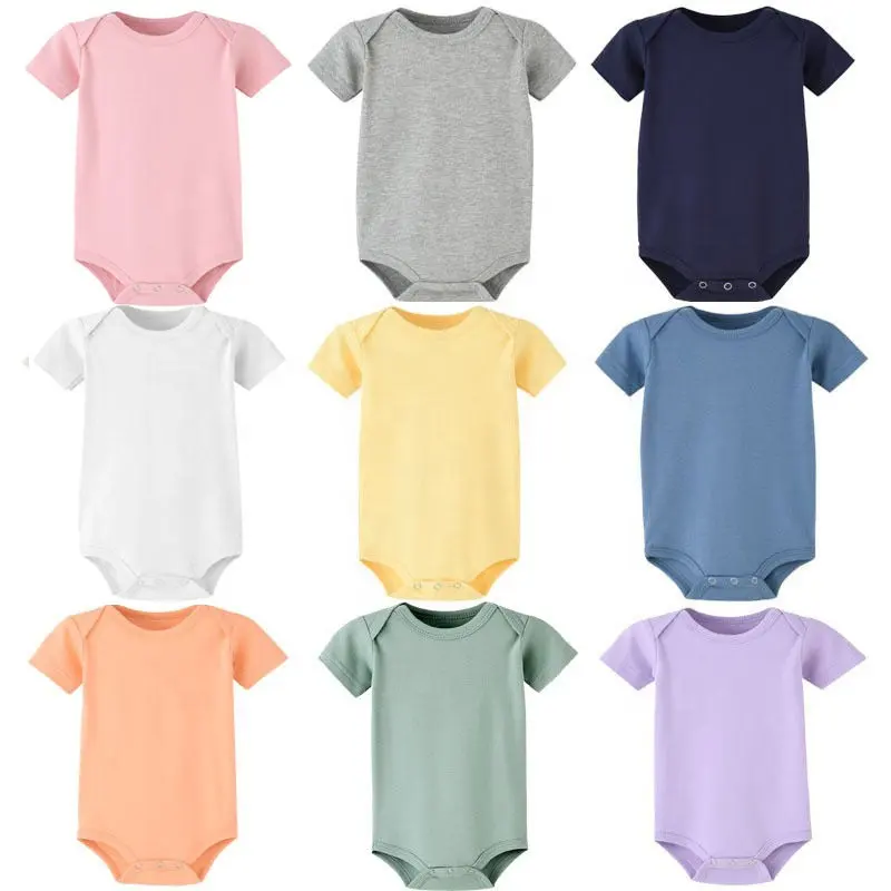 2023 100% Cotton Plain Baby Romper Knitted Newborn Baby Clothes Short Sleeve Jumpsuit