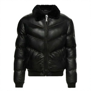 Blouson en cuir classique pour moto, personnalisé OEM, pour homme, col en fourrure rabattable, hiver, cuir d'agneau véritable, imperméable - Product Image 1