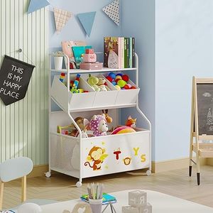 Toy <b>Storage</b> Organizer with Wheels- 3-Tier Kids LargeToy <b>Chest</b> <b>Storage</b> for Boys Girls Kids Bookshelf with 3 Fabric Toy Boxes - Product Image 5