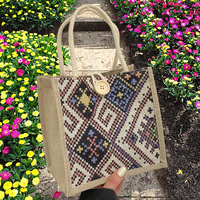 Sac à déjeuner portable en toile de lin ethnique classique pour femme, collection été 2024, fermeture ouverte, capacité 2-2,9 L, doublure polyester, tendance