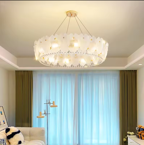 Zeal Lighting Modern <b>White</b> Glass Petal Crystal Chandelier LED Round Ceiling Light 2700K <b>Living</b> <b>Room</b> - Product Image 5