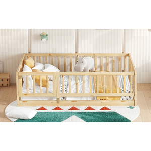 Cama Montessori de suelo tamaño matrimonial de madera con baranda y puerta para niños - Product Image 5