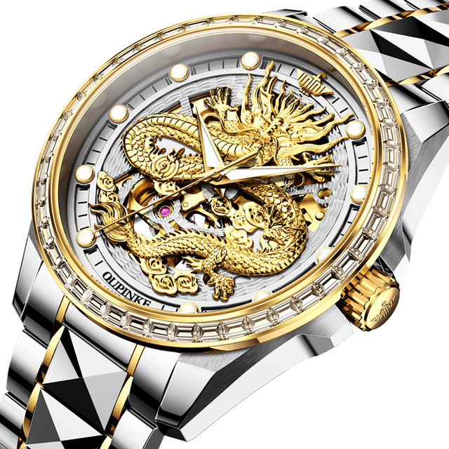 OUPINKE 3276  Oem Custom logo Dragon Design Skeleton  Luminous Fashion Design Stainless Steel Automatic Mechanical Watch for Man