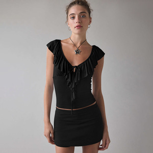 Spring and Summer Collection Breathable Knitted V-neck <strong>Backless</strong> <strong>Blouse</strong> with Ruffles Sleeveless Top Design - Product Image 6