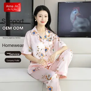 2025 été grande taille femmes imprimé fleuri Satin-comme taille élastique respirant léger à manches courtes pyjama ensemble polyvalent - Product Image 1