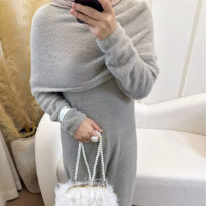 Robe Modeste <span class=keywords><strong>d</strong></span>'Hiver Couleur Unie Coupe Ajustée Pull avec Ensemble Deux Pièces avec Cape Femmes Musulmanes Tissu Tricoté Robe Abaya - Product Image 2