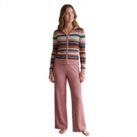 Ensemble deux pièces en tricot rayé à capuche et col montant zippé, pull décontracté 100 % coton coupe décontractée longueur genou pour femme hiver
