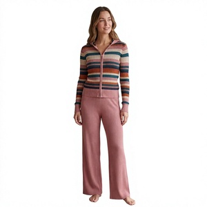 Conjunto de Dos Piezas de Punto con Cremallera y Capucha a Rayas, Suéter Casual de Cuello Alto, 100% Algodón, Corte Holgado, Largo hasta la Rodilla para Mujer, Invierno - Product Image 1
