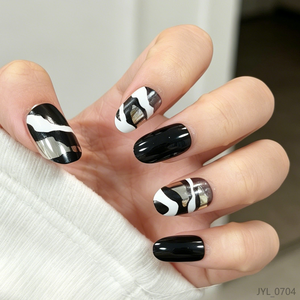24 <span class=keywords><strong>Uñas</strong></span> Postizas Reutilizables de ABS, Diseño Cuadrado con Rayas de Zebra en Negro, Blanco y Dorado, Kit de <span class=keywords><strong>Uñas</strong></span> Removibles <span class=keywords><strong>para</strong></span> <span class=keywords><strong>Mujer</strong></span> - Product Image 1