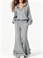 Set Hoodie Celana Ruffle Flare Y2K 2 Potong Set Santai Wanita Sweatshirt Oversize Setengah Resleting dan Celana Sweatpants Model Bell Bottom