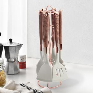 7 Pieces Cooking <b>Tool</b> Set Wood Grain Handle <b>Silicone</b> Kitchen Utensil Set with Rose Gold Storage Rack - Product Image 2