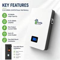 Batterie LiFePO4 murale 51,2 V 200 Ah 10,24 kWh avec BMS intégré, 6000 cycles, RS485 CAN RS232 pour stockage d'énergie solaire domestique