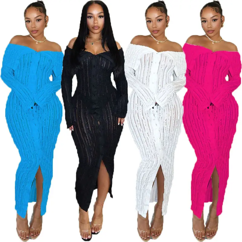 Dames Geribbeld Mesh Off The Shoulder Lange Mouw Bodycon Midi Maxi Jurk Voor Vrouw 2023 Herfst Winter Sexy Lange Feestjurken