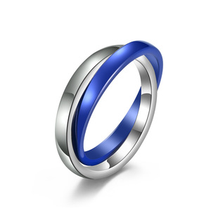Double Circle <b>Titanium</b> Steel <b>Ring</b> Blue Silver Two Tone Wedding Band Unisex Gift Jewelry - Product Image 1