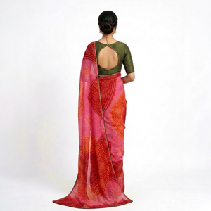 Traditional <b>Red</b> Pink Digital Printed Silk Saree Green <b>Blouse</b> <b>Women</b> Wedding Wear India Pakistan Style Floor Length 7 Days Sample - Product Image 1
