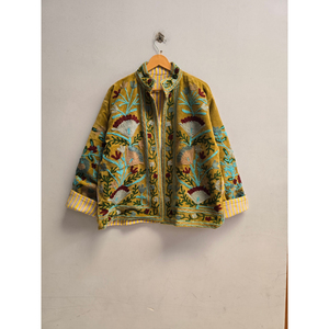 Mustard Yellow <b>Velvet</b> Floral Embroidered <b>Women</b> <b>Jacket</b> with Multicolor Botanical Motifs Stand Collar Designer Bohemian Outerwear - Product Image 1