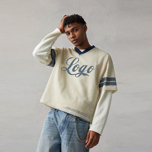 Camiseta de malla holgada para hombre, manga corta, cuello en V, hombros caídos, jersey transpirable, ligero, de secado rápido, con logotipo personalizado, OEM - Product Image 1