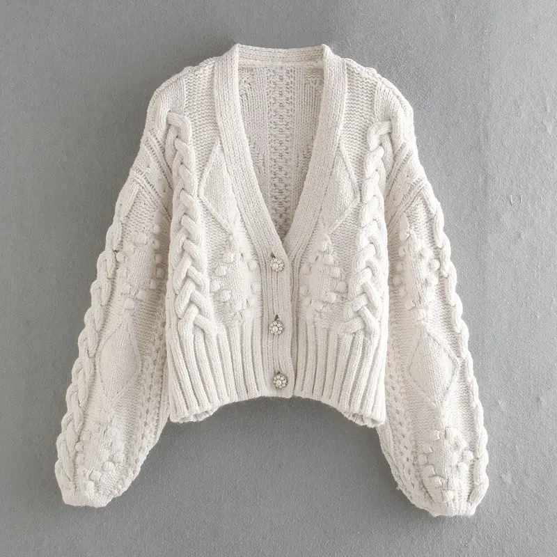 Designer Autumn Winter White V-neck Custom Ladies Knit Sweater Cardigan for Woman