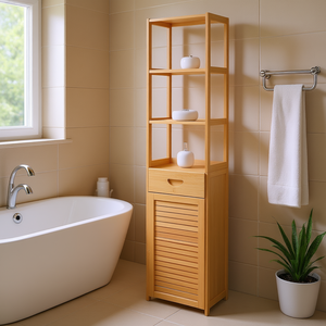 Mueble de Baño con Cajón y Estantes de Listones, 4 Niveles, de Madera, Independiente, para Organización y Exhibición - Product Image 2