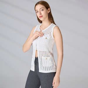 Gilet cardigan sans manches ajouré en maille anti-boulochage 100 % coton pour femme, idéal pour l'été - Product Image 4