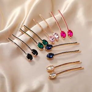 Wholesale Cheap Premium Korean Popular Women Word Hair Clip Vintage Green Red Black Crystal Rhinestone Hair Pins