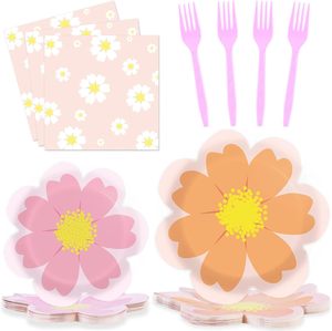 DAMAI - Juego de Vajilla para Fiestas de Cumpleaños de Niñas, Color Naranja, Rosa y Amarillo, Tema de Primavera y Verano, Platos y Vasos con Diseño de Margaritas - Product Image 4