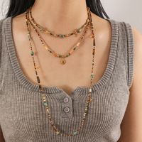 Collier à plusieurs rangs en acier inoxydable plaqué or 18 carats, nouveau design, perles, pendentif vintage en pierre naturelle soleil lune, bijoux