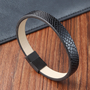 Braided <b>Leather</b> Cord <b>Bracelet</b> Stainless Steel & Genuine Cowhide Men's Snake Pattern Wristband - Product Image 1