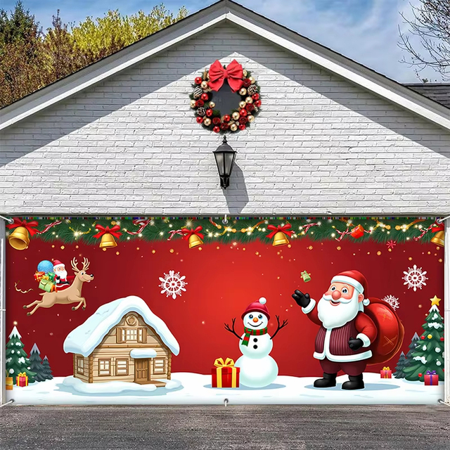 Merry Christmas Garage Door Banner Santa Claus Snowman Elf Reindeer Gift Boxes Garage Door Cover Party Banner Decor Customizable
