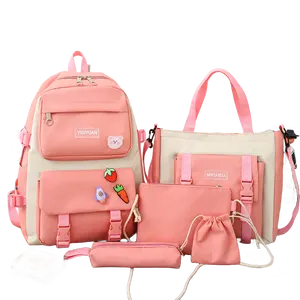 BEYOND 5 Pcs Girls Casual School Backpack Set Custom Fashion Pink Travel School Bag Women's Student For Student Fabric Bag
