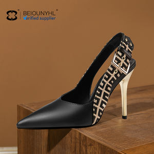 Sandali da Donna in Vera Pelle con Logo Personalizzato, Taglie Grandi, Punta Sfilata, <span class=keywords><strong>Tacco</strong></span> a Spillo <span class=keywords><strong>Alto</strong></span> e Dorato, Cinturino Slingback - Product Image 1