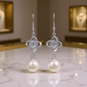 Pendientes colgantes de flor chapados en oro blanco Haln con circonita y perla de imitación para mujer, estilo clásico de boda - Product Image 2