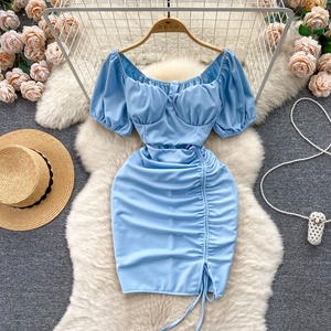 Nuova moda da donna Casual damasco a sbuffo con maniche corte abito increspato - Product Image 4