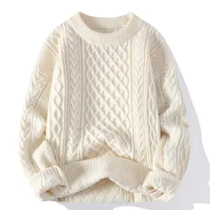 Factory Supplier Round Neck Knit Ribbed Jumper Solid Color Thick Cable Cotton Knitted Sweater For Men