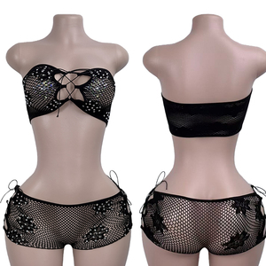 Tenues de club pour femmes, ensemble sexy deux pièces, ensemble sexy à bretelles avec diamants, vêtements de danse exotiques en résille, tenue de strip-teaseuse - Product Image 4