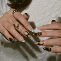 Ongles à presser en acrylique haut de gamme, style rétro, forme amande, dégradé transparent café noir, ligne dorée, perle dorée, strass, French manucure