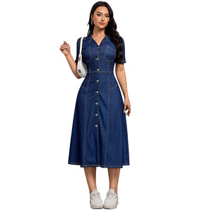 YUANBOFEI Women's Denim Shirt Dress Button Down Jean Midi Dress <strong>Short</strong> Sleeve Dark &amp; Light Wash Casual A-Line Elastic Waist Dress - Product Image 2