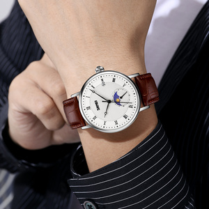 Reloj cronógrafo redondo para hombre, correa de cuero de lujo, reloj de cuarzo resistente al agua hasta 30M, reloj con fase lunar para hombre - Product Image 1