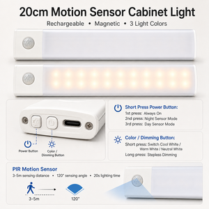 20CM Magnetic Closet Light, 3 Color Stepless Dimming Motion Activated Rechargeable LED Cabinet Lamp for Wardrobe <b>Kitchen</b> - Product Image 3